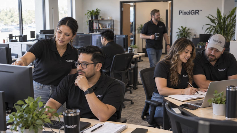Two PixelGR team members reviewing code together at a monitor, with others working in the background.