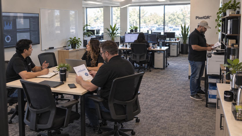 The PixelGR office in McKinney, with a team meeting in progress and others at their desks.