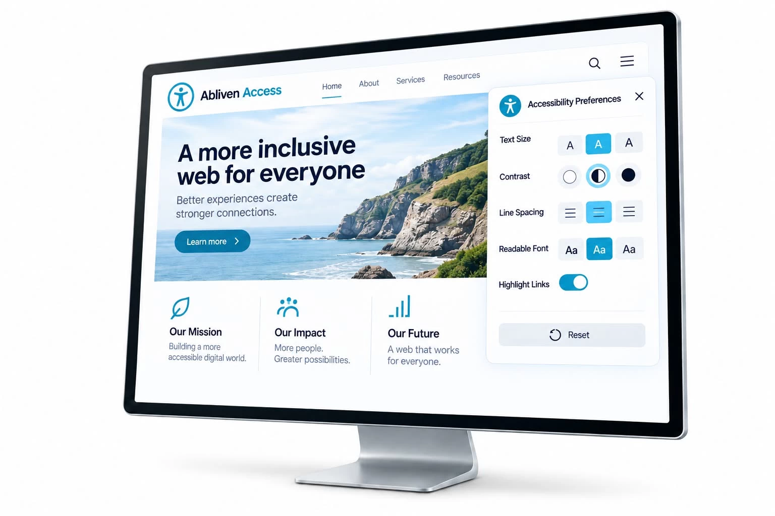 The Abliven Access panel, letting a visitor adjust text size, contrast, spacing and font.
