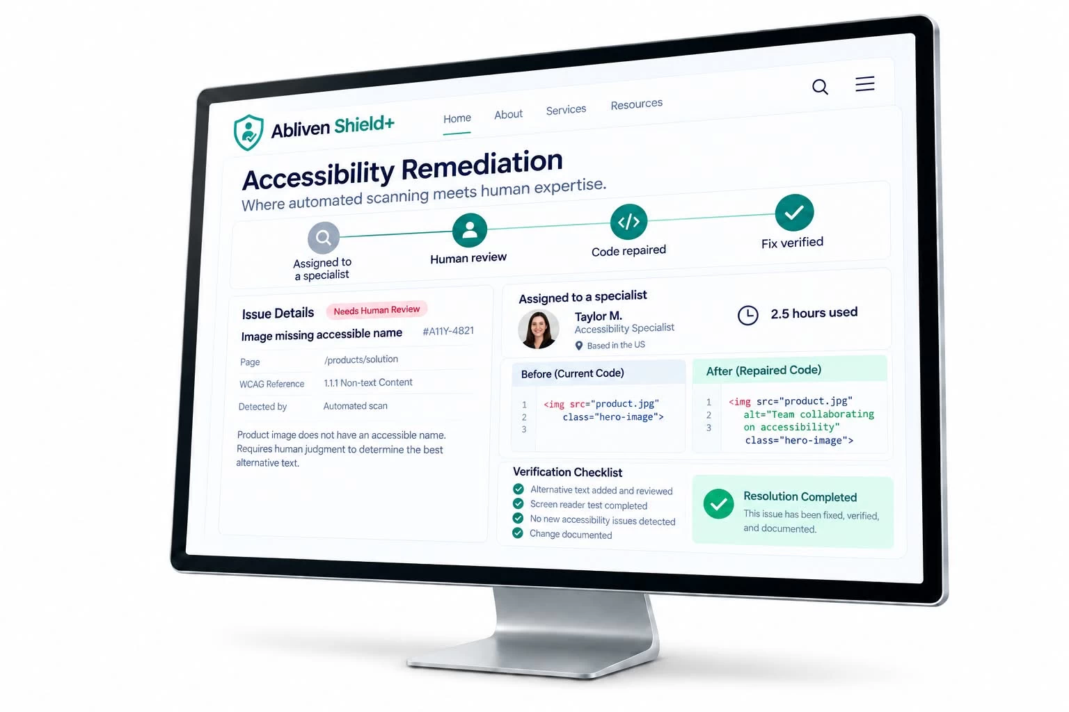 The Abliven Shield+ remediation view, showing a specialist assigned to an issue and the repaired code.
