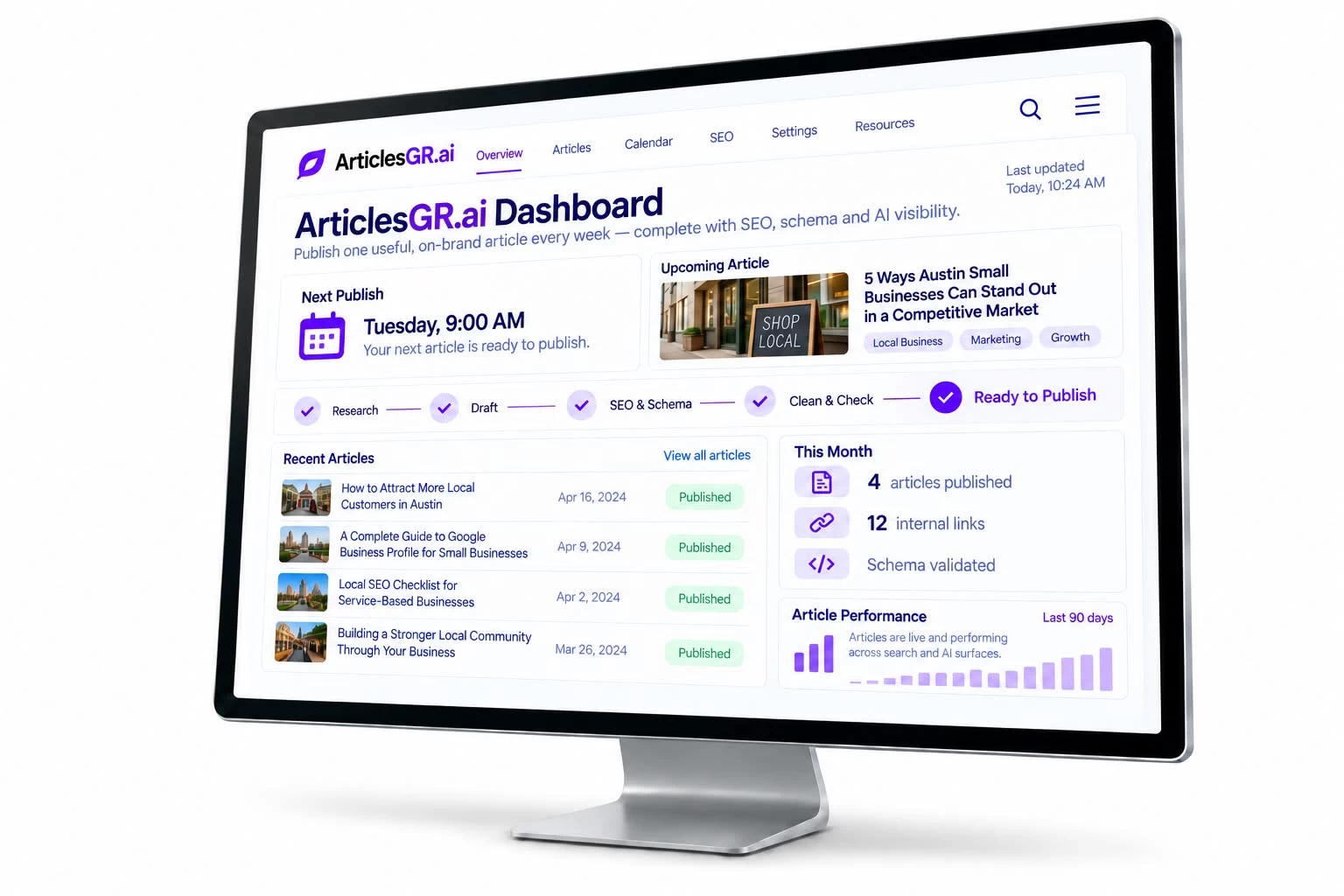 The ArticlesGR.ai dashboard, showing the publishing schedule and recently published articles.