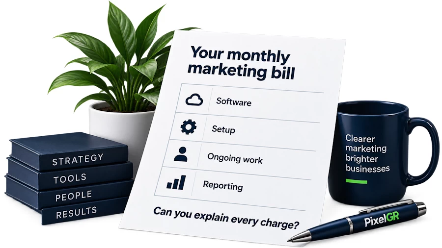 A printed monthly marketing bill listing software, setup, ongoing work and reporting, with the question: can you explain every charge?