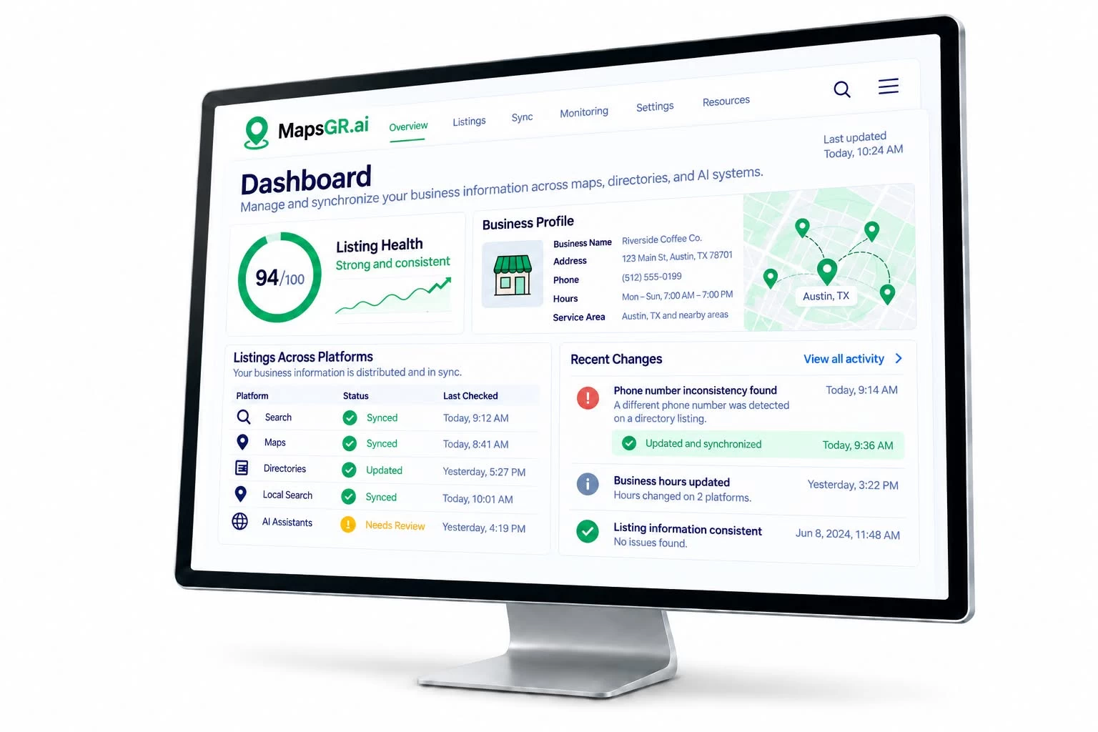 The MapsGR.ai dashboard, showing listing health and business details synchronised across platforms.