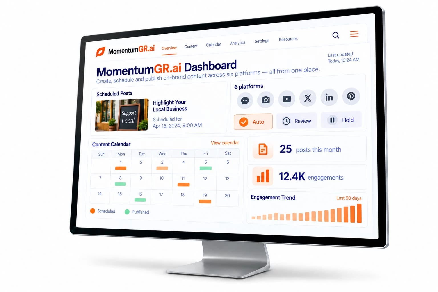 The MomentumGR.ai dashboard, showing scheduled posts across six social platforms and a content calendar.