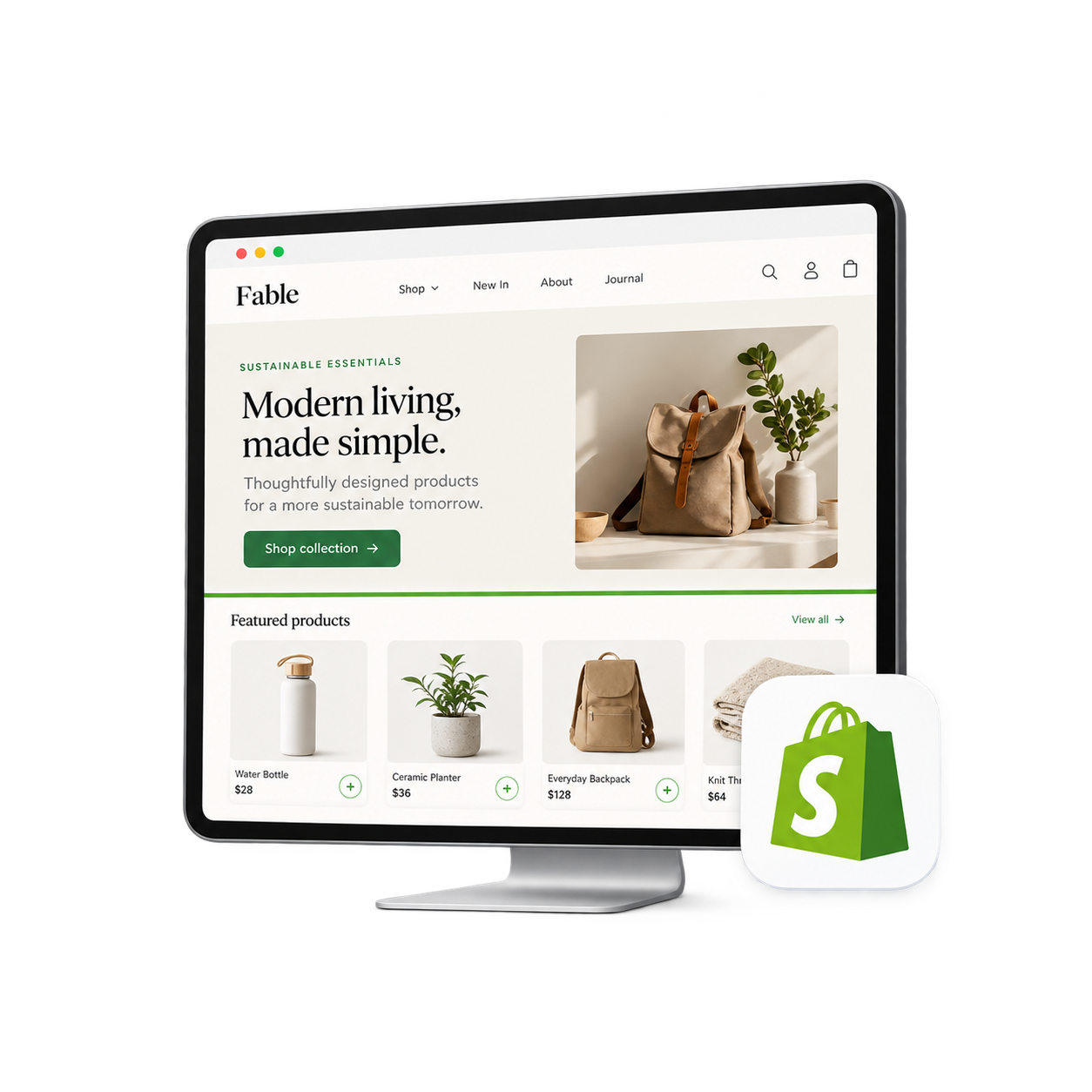 Example Shopify store selling home goods, shown on a desktop display with the Shopify logo.