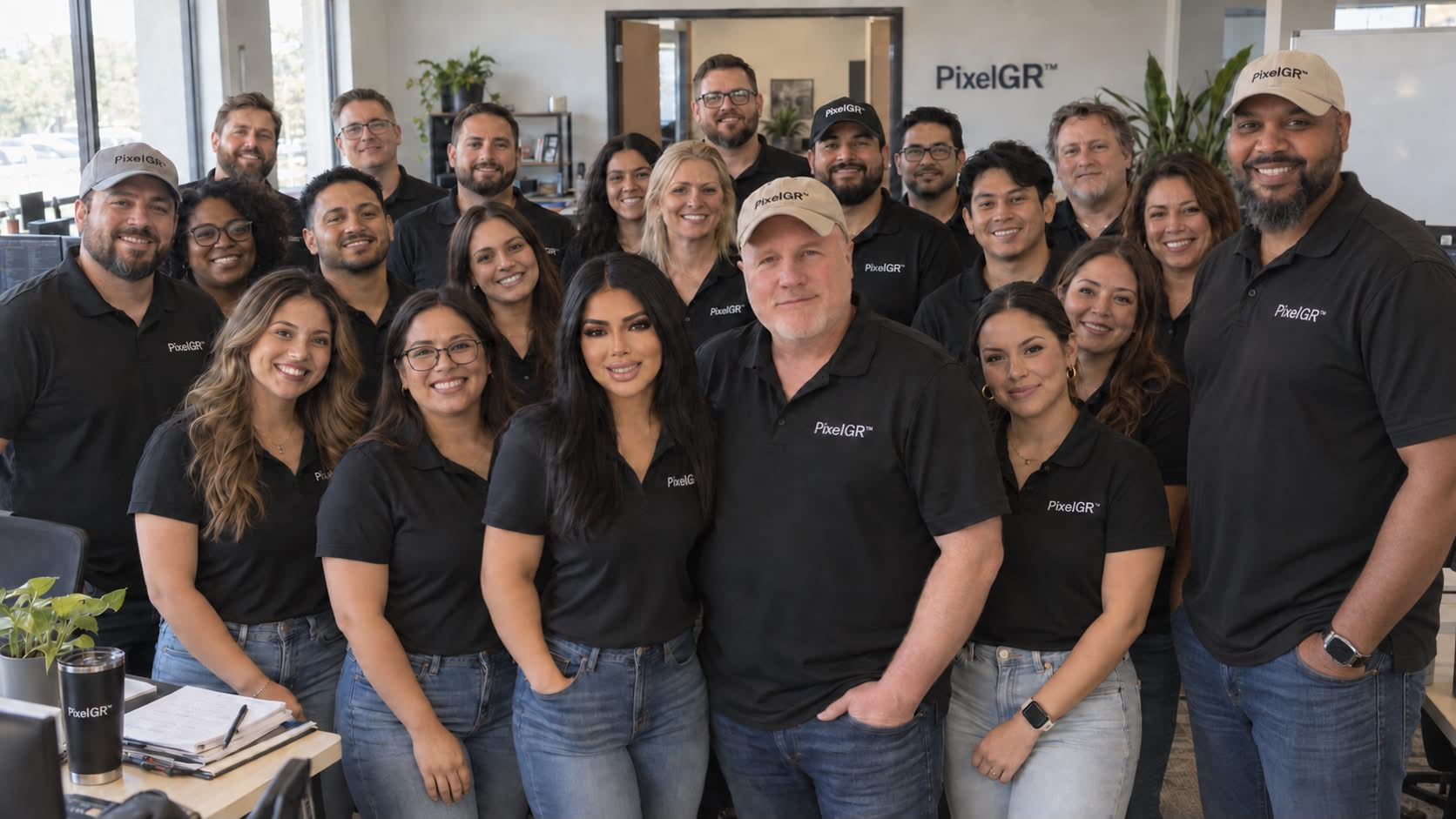 The PixelGR team, twenty people in branded shirts gathered in the McKinney office.