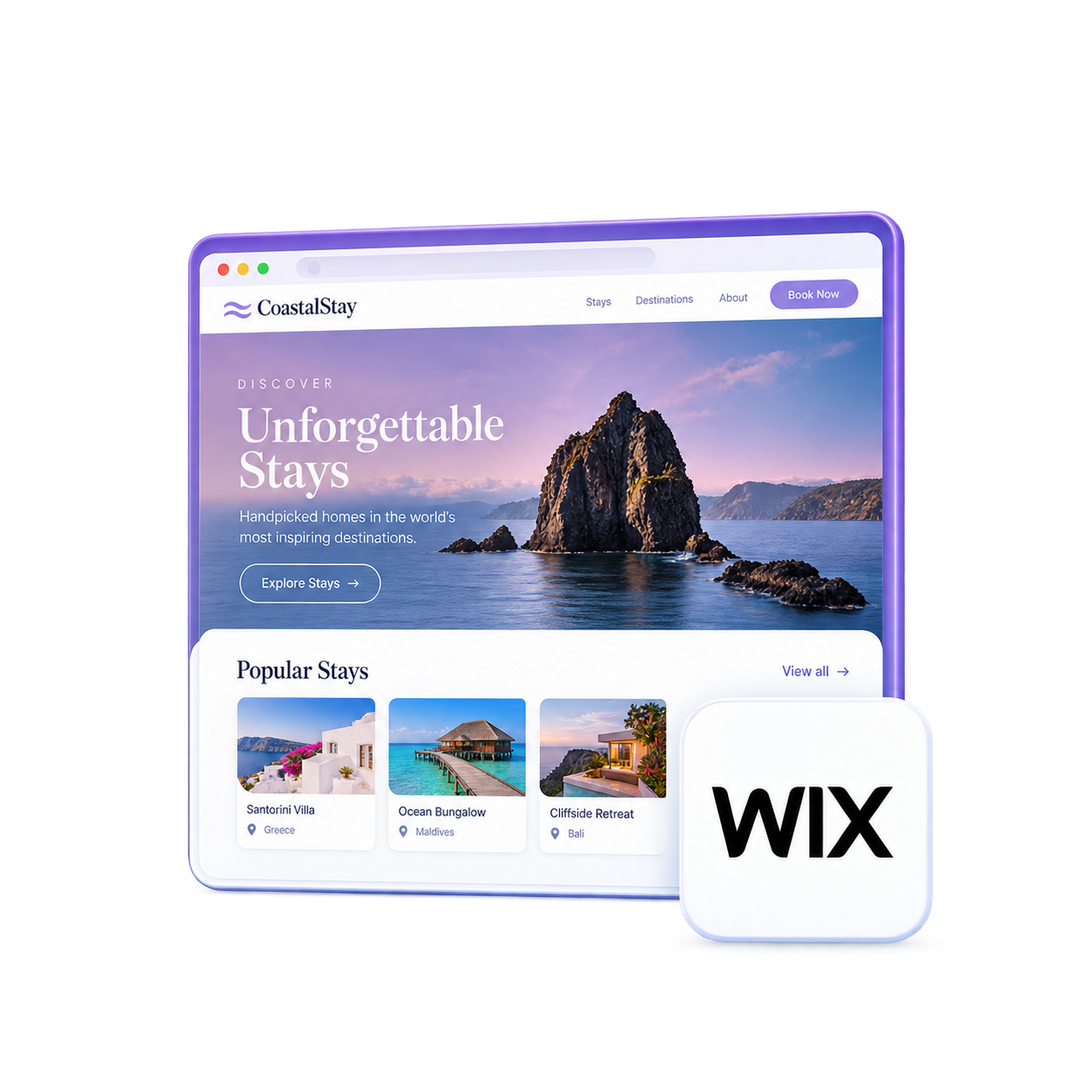 Example Wix website for vacation rentals, shown in a browser window with the Wix logo.