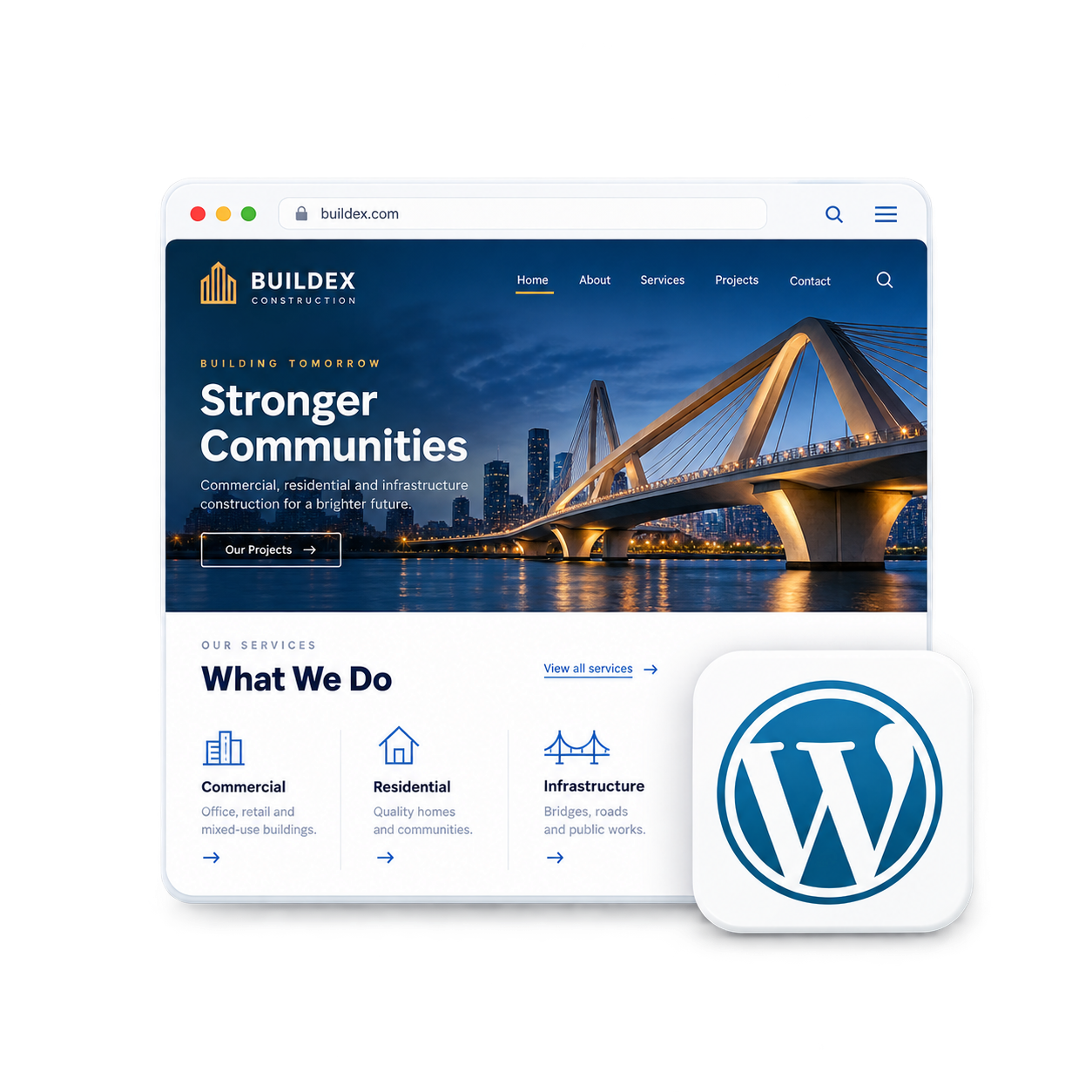 Example WordPress website for a construction company, shown in a browser window with the WordPress logo.