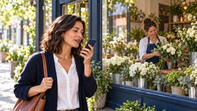 Woman speaks a question into her phone outside a flower shop while the florist arranges white flowers inside.