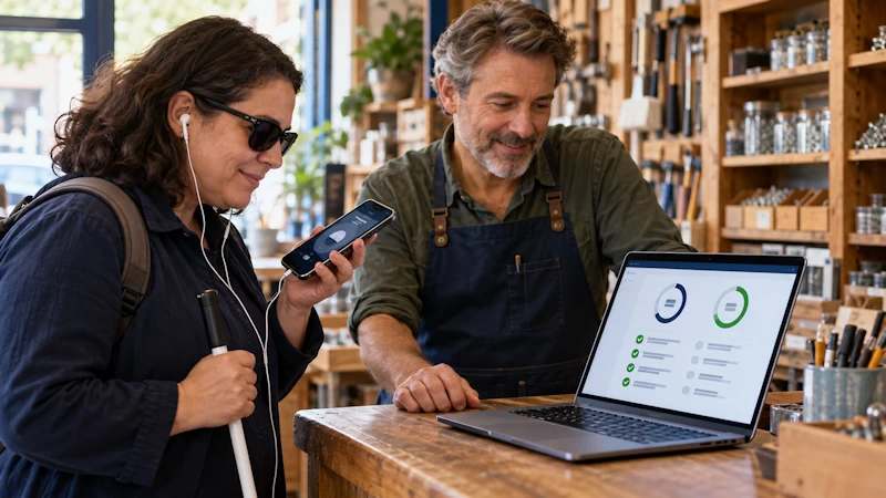 Hardware store owner reviews a laptop accessibility dashboard while a blind customer browses the shop's site by phone.